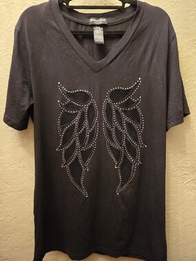 Y2K Angel Wings Tunic Top Black Mesh Applique Studded Gothic Tee 2X